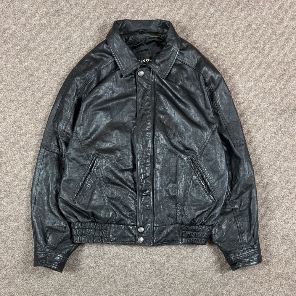 Vintage 90s Wilsons Leather Black Full Zip Bomber Jacket Men’s XL Moto Grunge